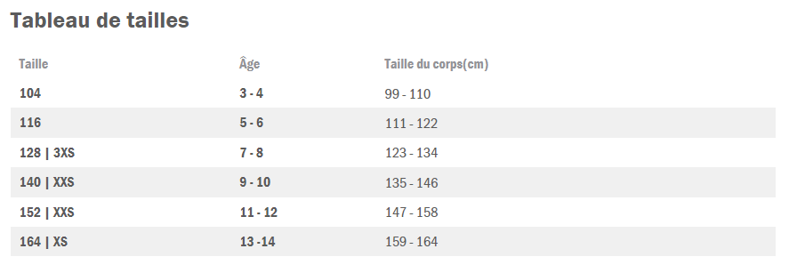 TAILLES ENFANT JAKO